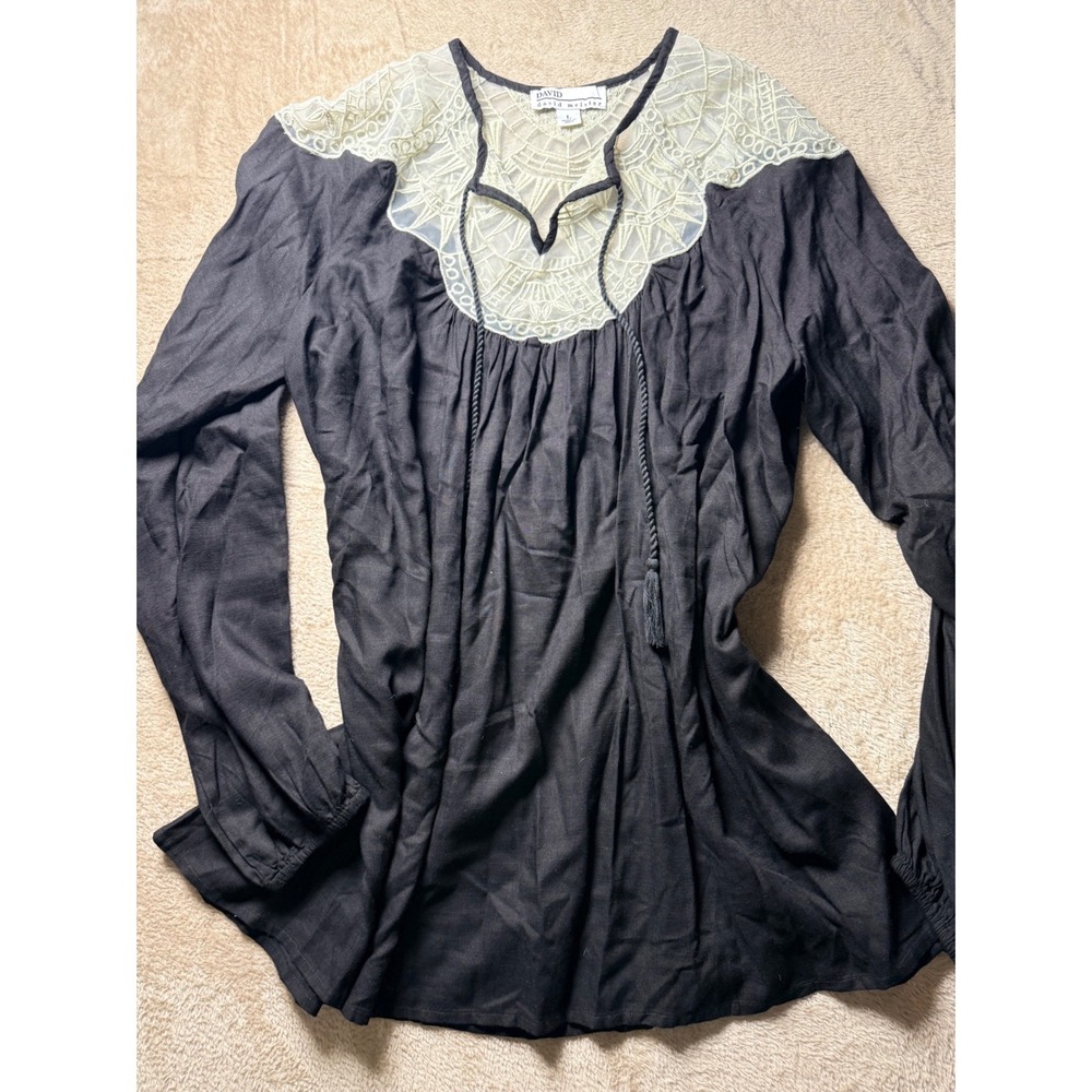 David Meister Women Black Lace Yoke Tassel Top Large L Boho Victorian Resort